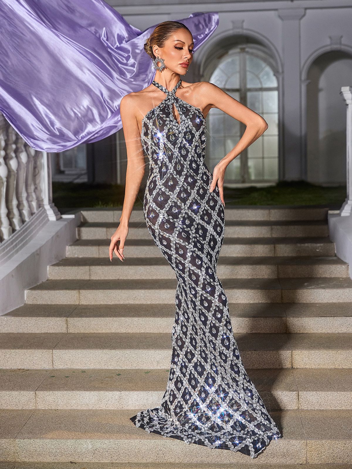 Halter Keyhole Lattice Rhinestone Sequin Mermaid Maxi Dress 2