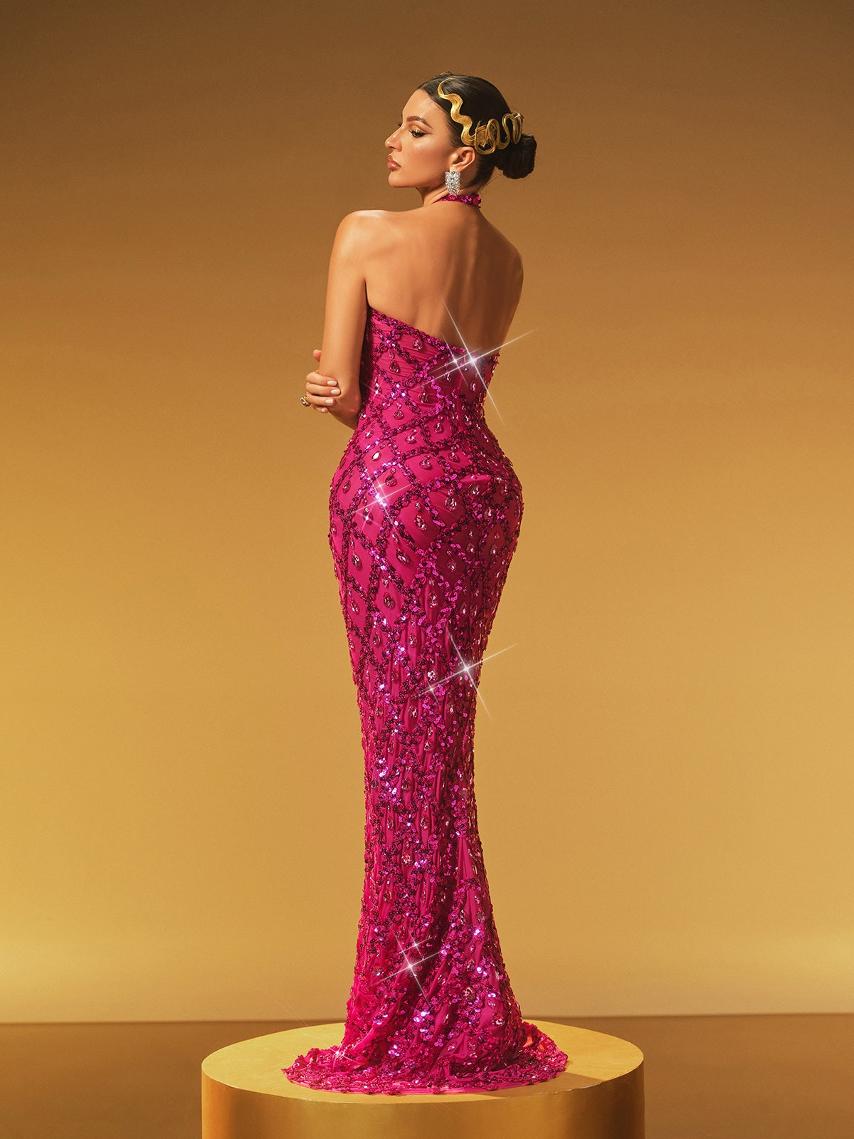 Halter Keyhole Lattice Rhinestone Sequin Mermaid Maxi Dress 6