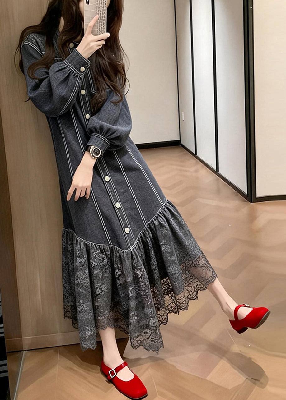 Pinstripe Button Front Puff Sleeve Lace Ruffle Hem Midi Dress 2