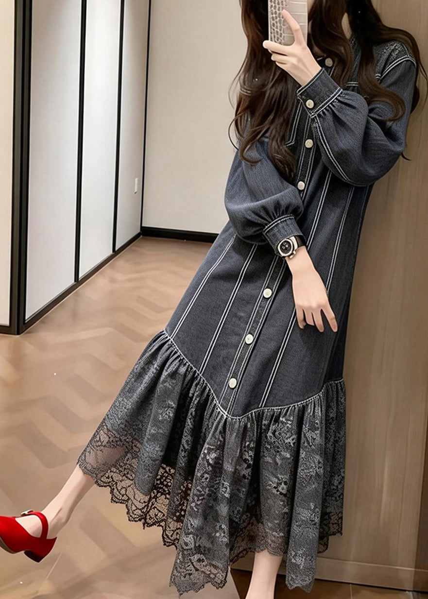 Pinstripe Button Front Puff Sleeve Lace Ruffle Hem Midi Dress 3