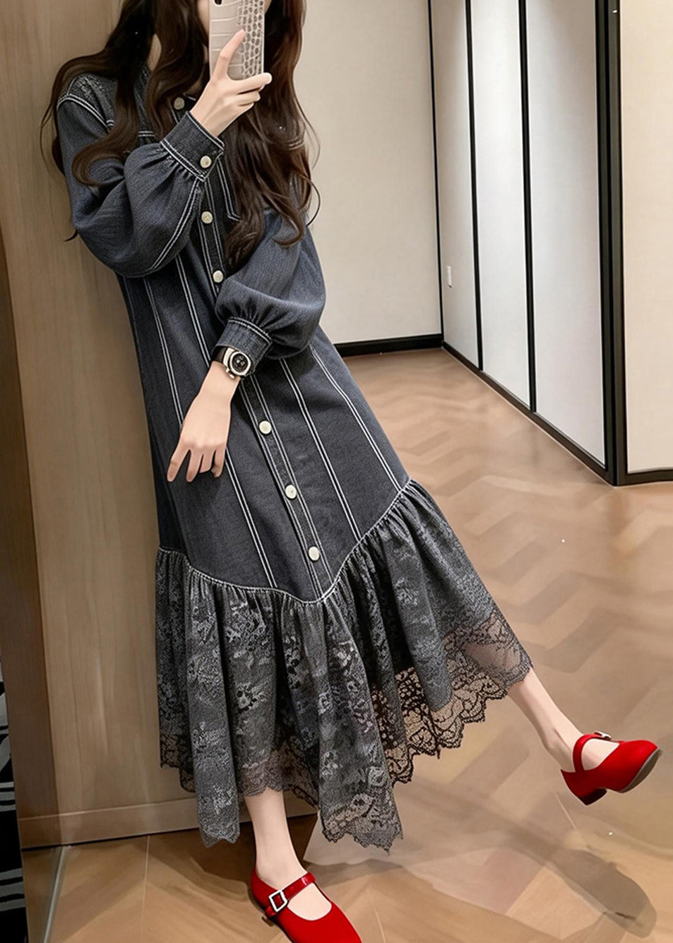 Pinstripe Button Front Puff Sleeve Lace Ruffle Hem Midi Dress 4