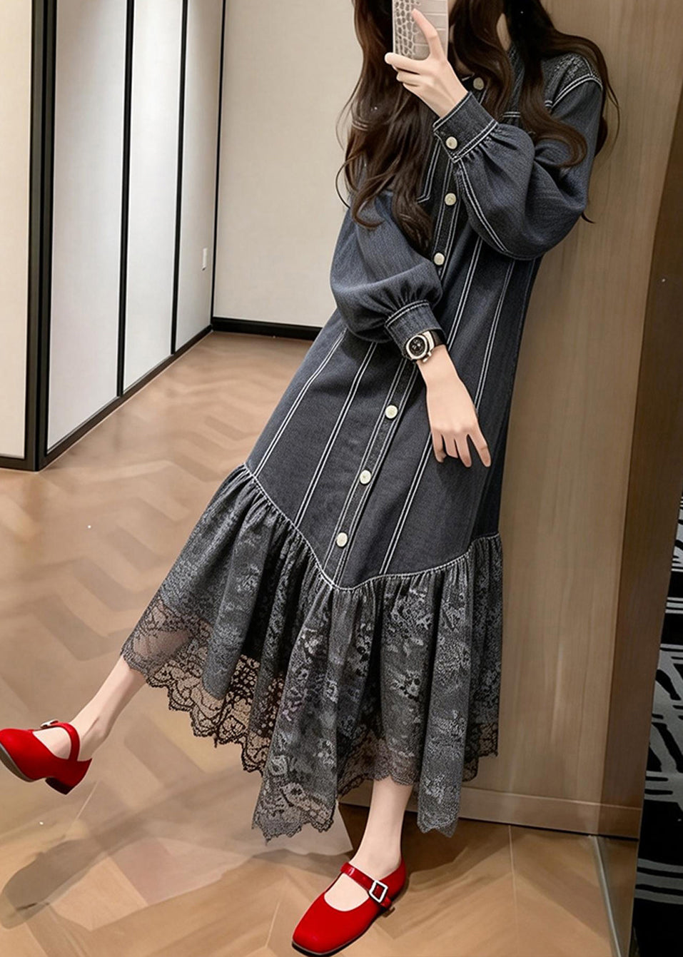 Pinstripe Button Front Puff Sleeve Lace Ruffle Hem Midi Dress 5