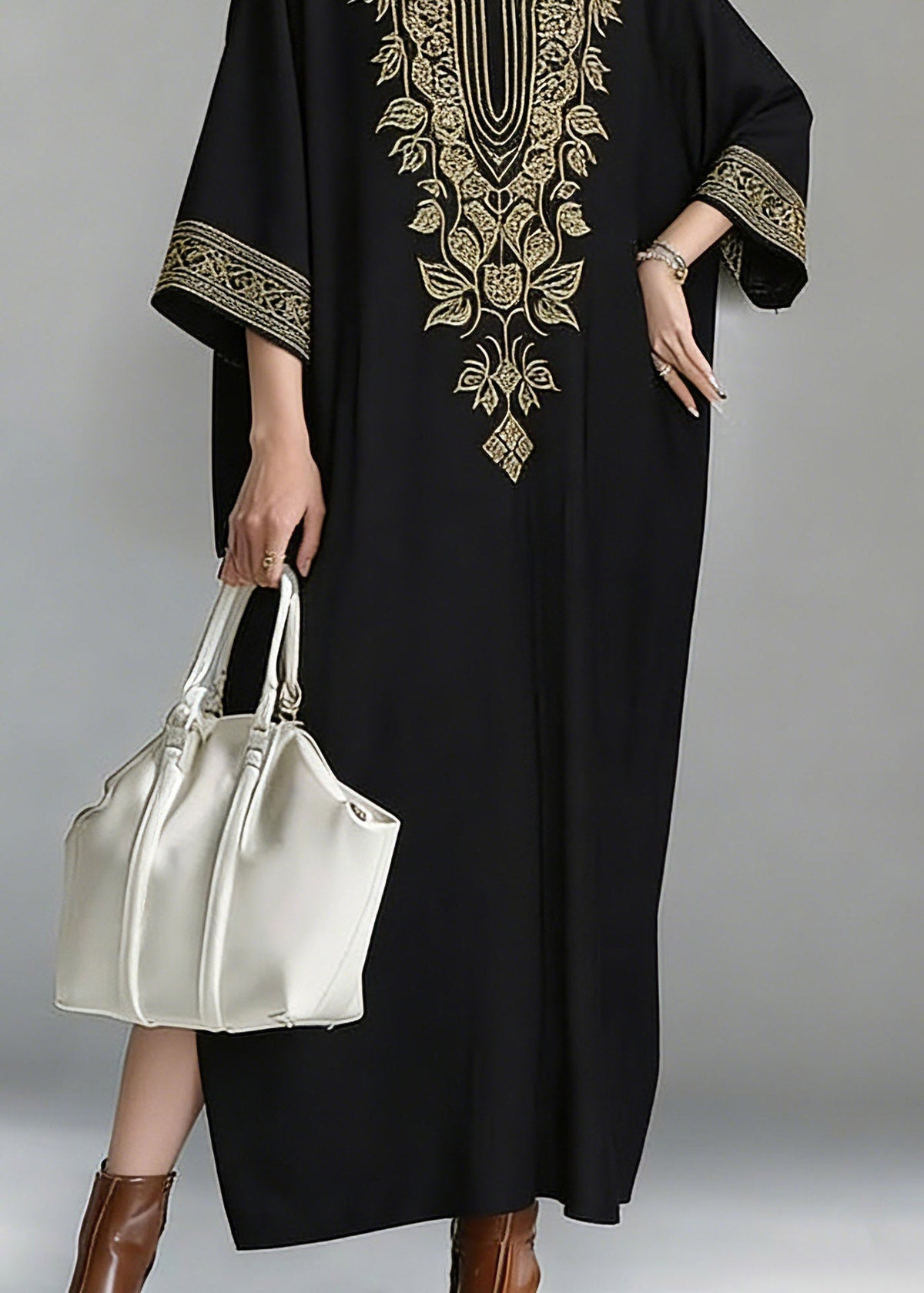 Deep V-Neck Leaf Embroidery Wide Cuff Batwing Sleeve Floor-Length Maxi Dress 4