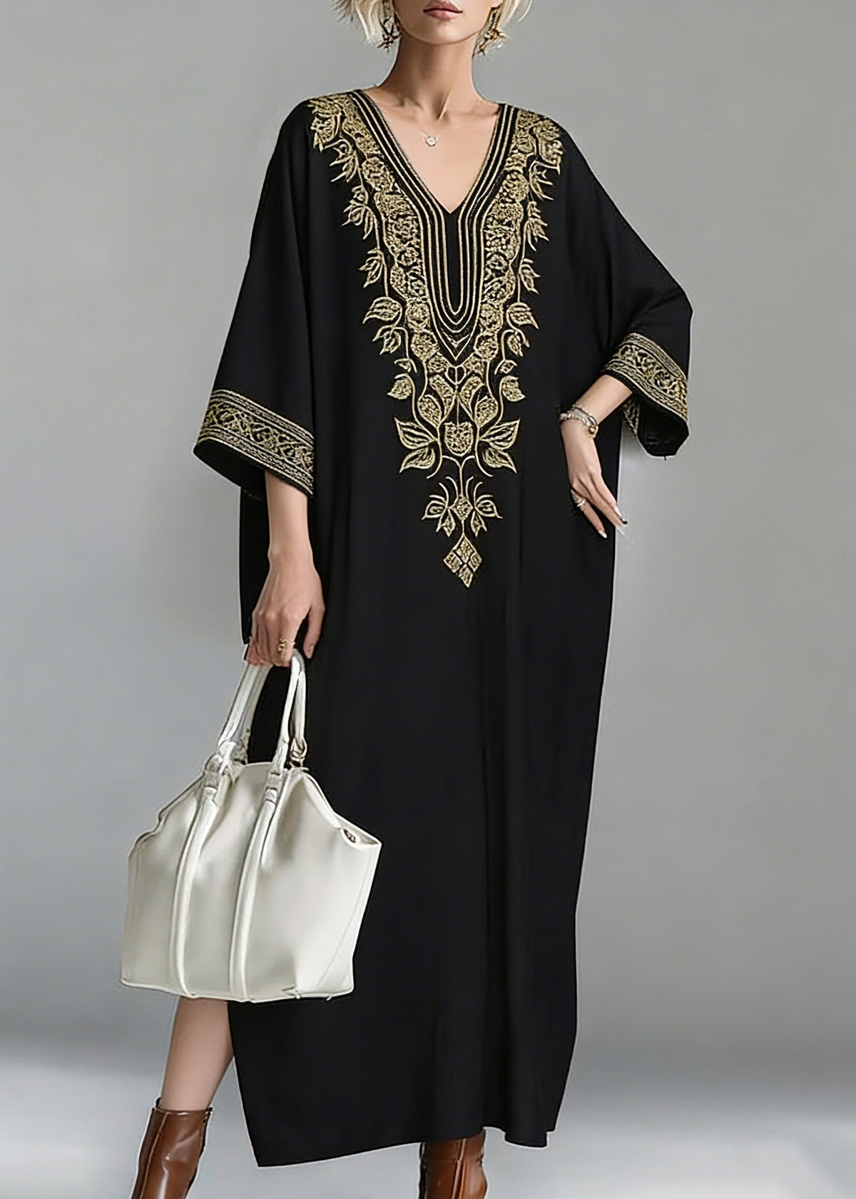 Deep V-Neck Leaf Embroidery Wide Cuff Batwing Sleeve Floor-Length Maxi Dress 5