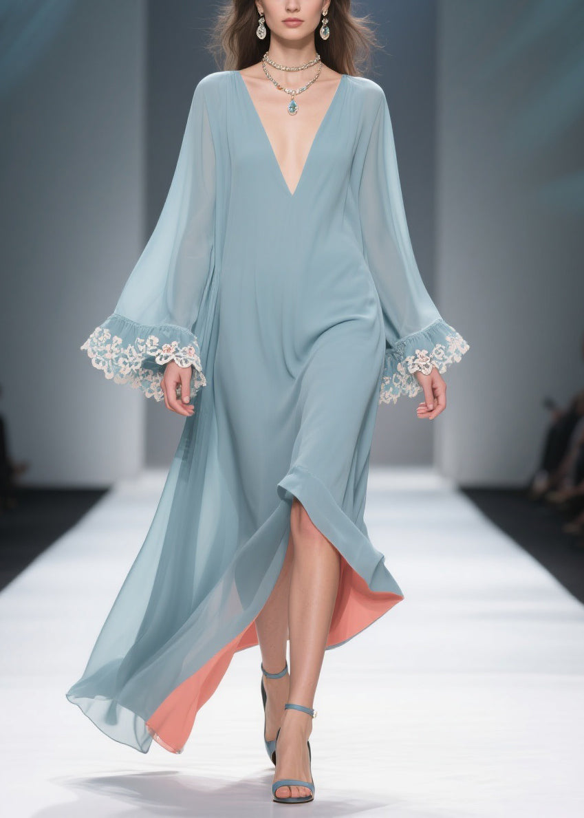 Deep V-Neck Bell Sleeve Lace Cuff Contrast Lining Chiffon Maxi Dress