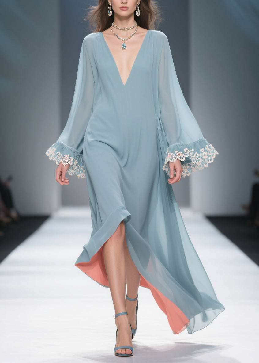 Deep V-Neck Bell Sleeve Lace Cuff Contrast Lining Chiffon Maxi Dress 3