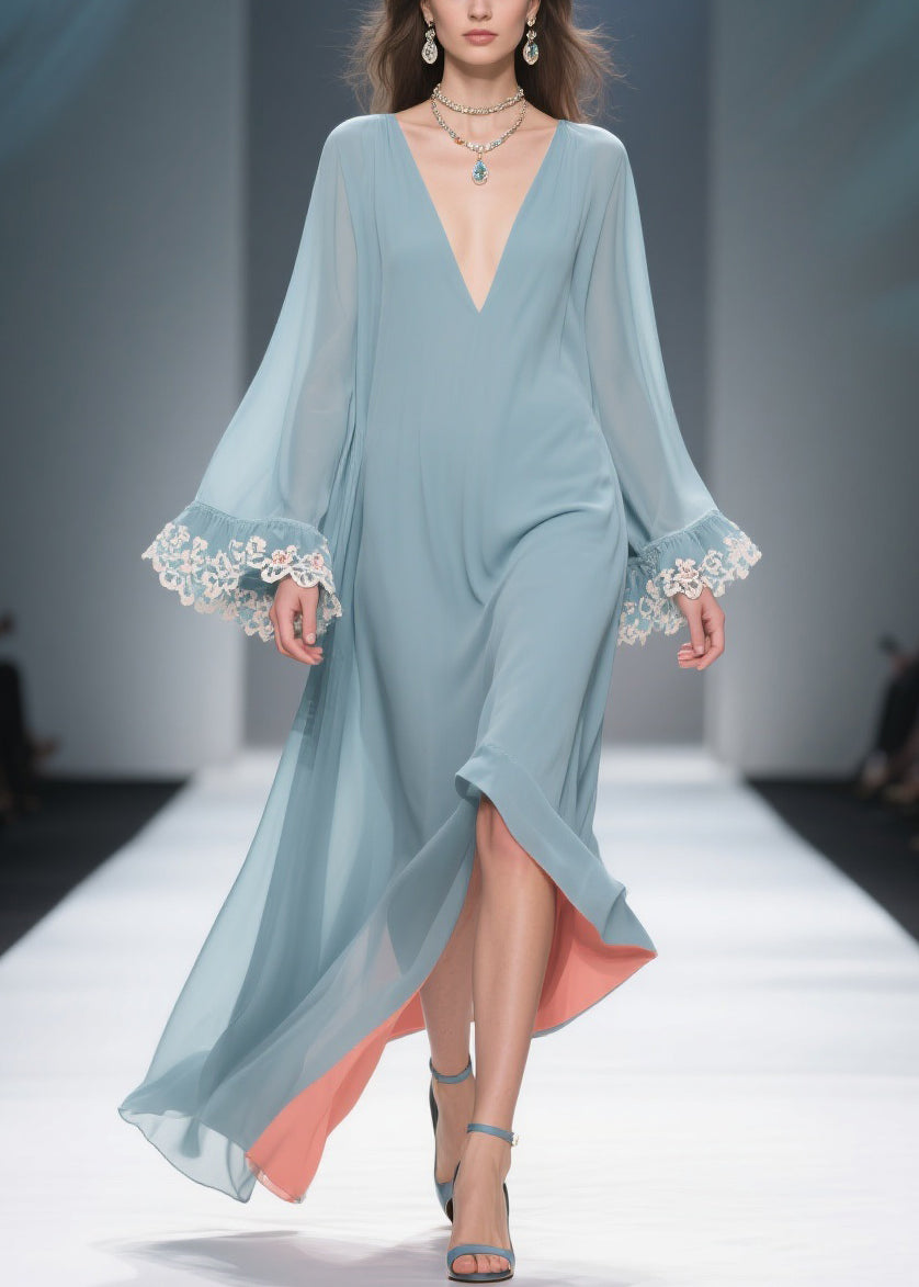 Deep V-Neck Bell Sleeve Lace Cuff Contrast Lining Chiffon Maxi Dress 5