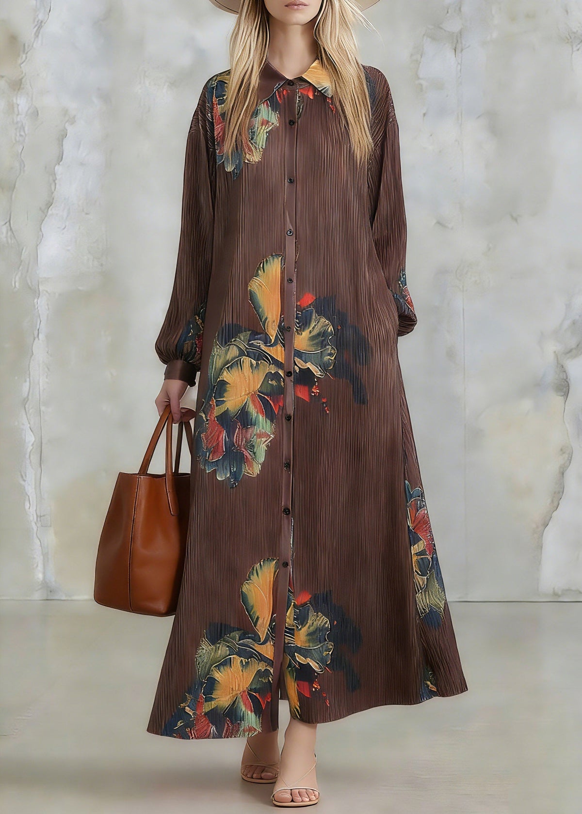 Pointed Collar Button-Front Plisse Pleated Lantern Sleeve Floral Print Maxi Dress
