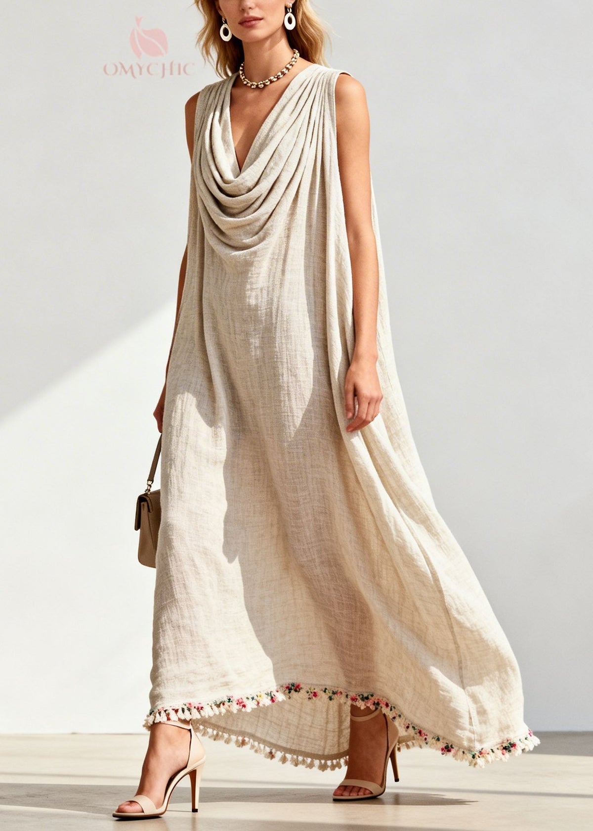 Cowl Neck Sleeveless Tassel Trim Embroidered Hem Linen Maxi Dress