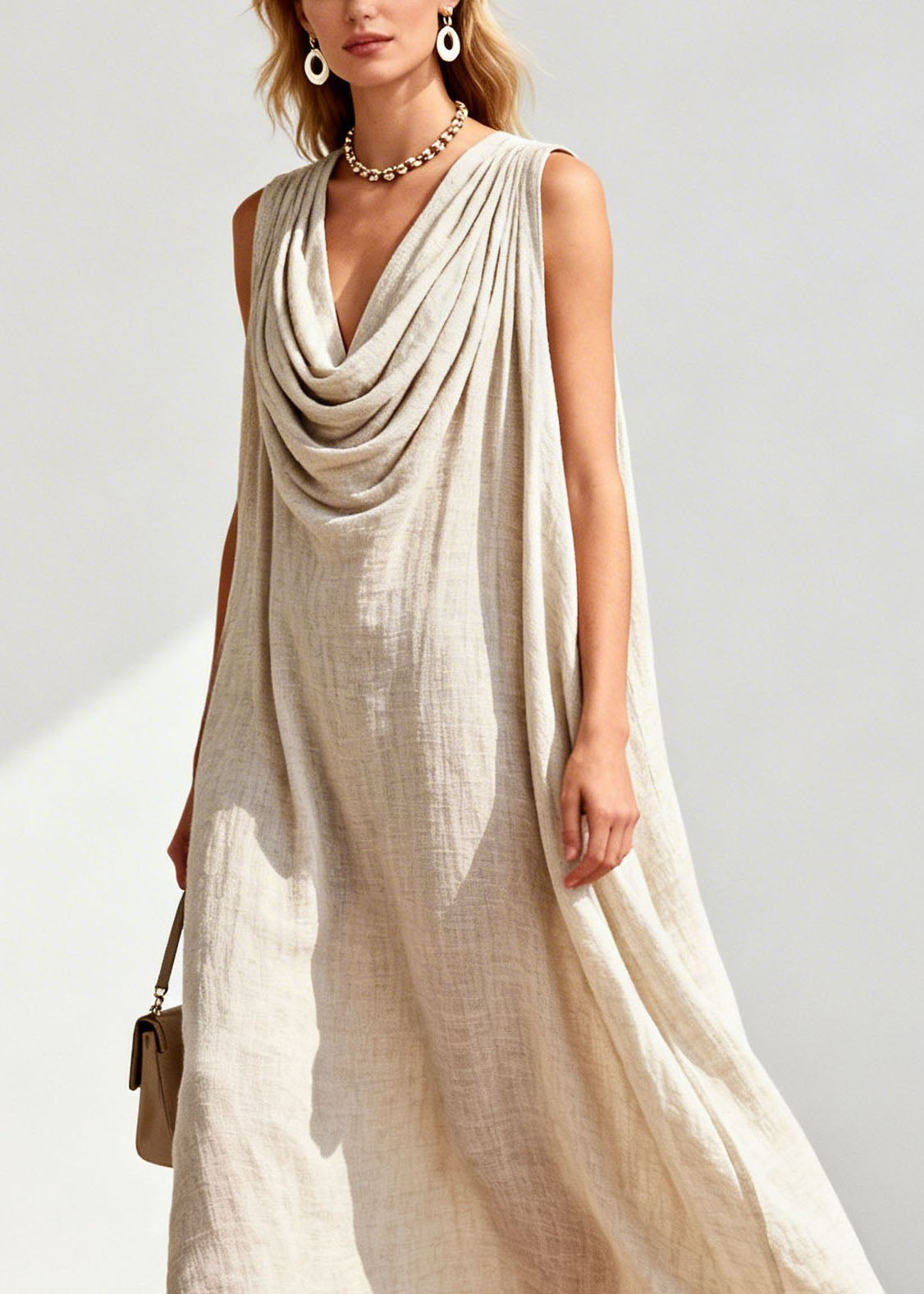Cowl Neck Sleeveless Tassel Trim Embroidered Hem Linen Maxi Dress 2