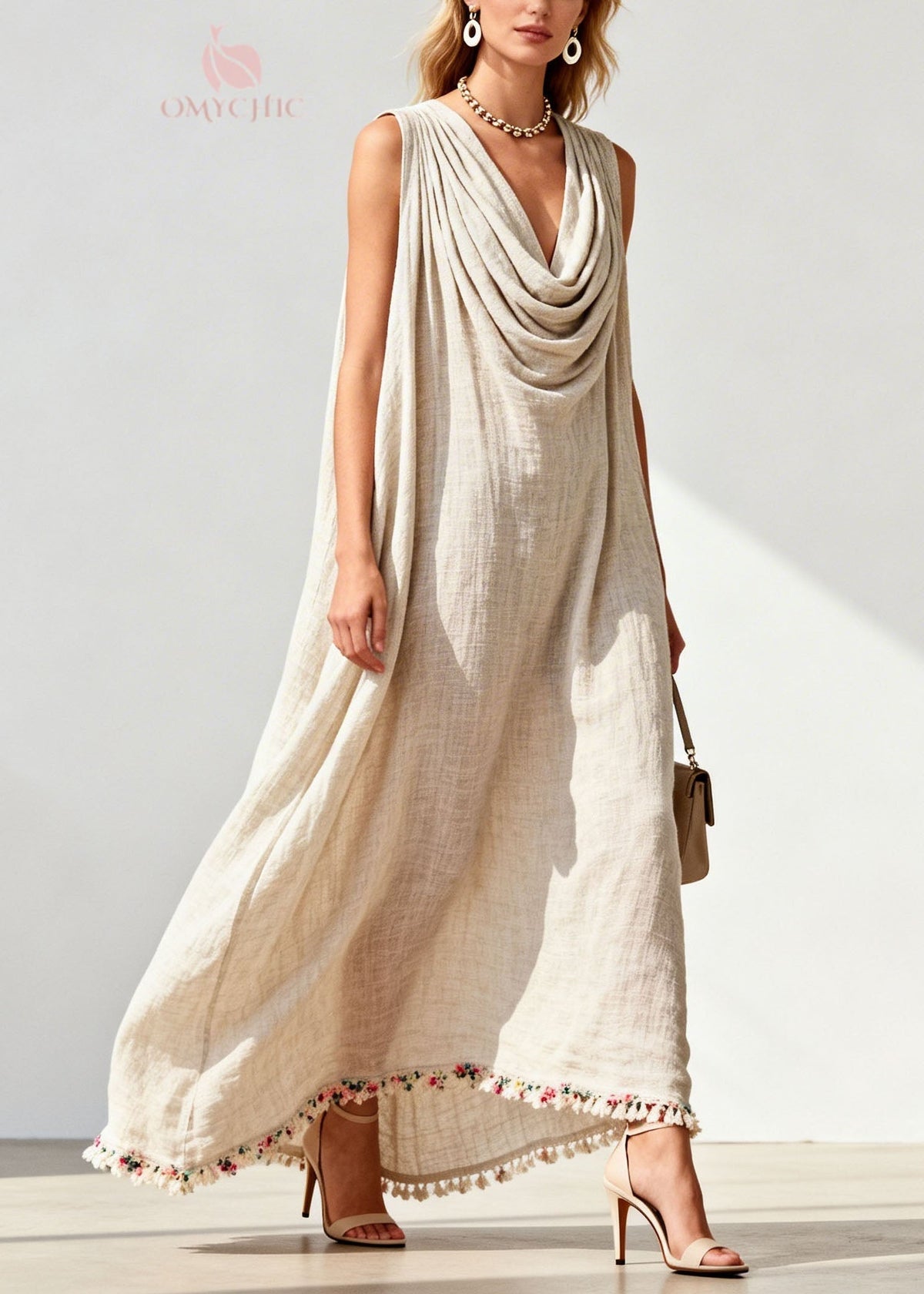 Cowl Neck Sleeveless Tassel Trim Embroidered Hem Linen Maxi Dress 3