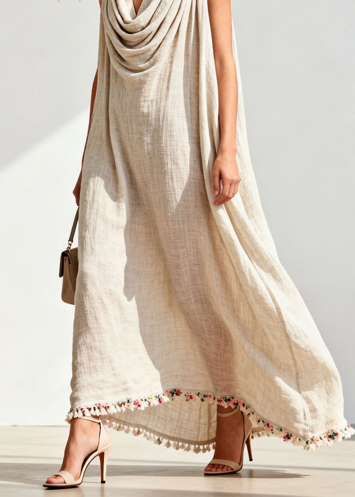 Cowl Neck Sleeveless Tassel Trim Embroidered Hem Linen Maxi Dress 4