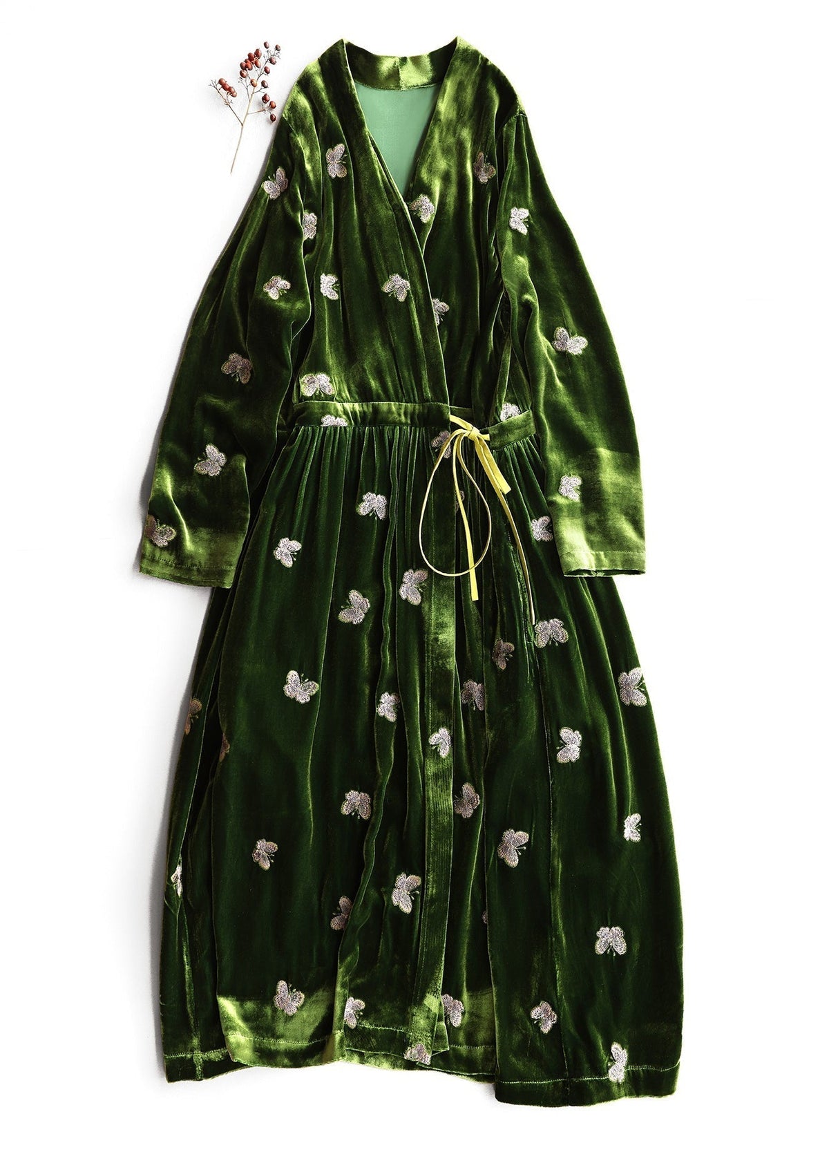 Deep V-Neck Drawstring Waist Butterfly Embroidered Velvet Maxi Dress