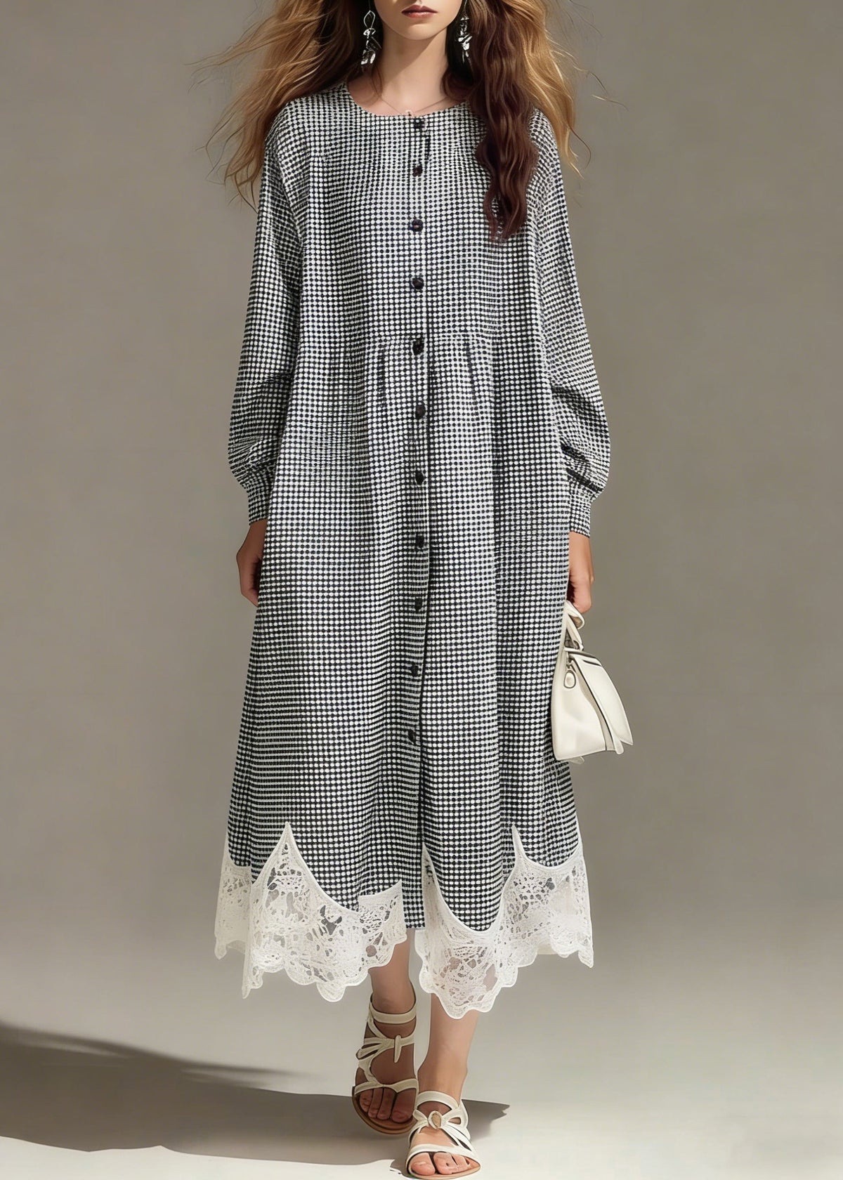 Round Neck Button Front Gingham Lace Scalloped Hem Long Sleeve Midi Dress