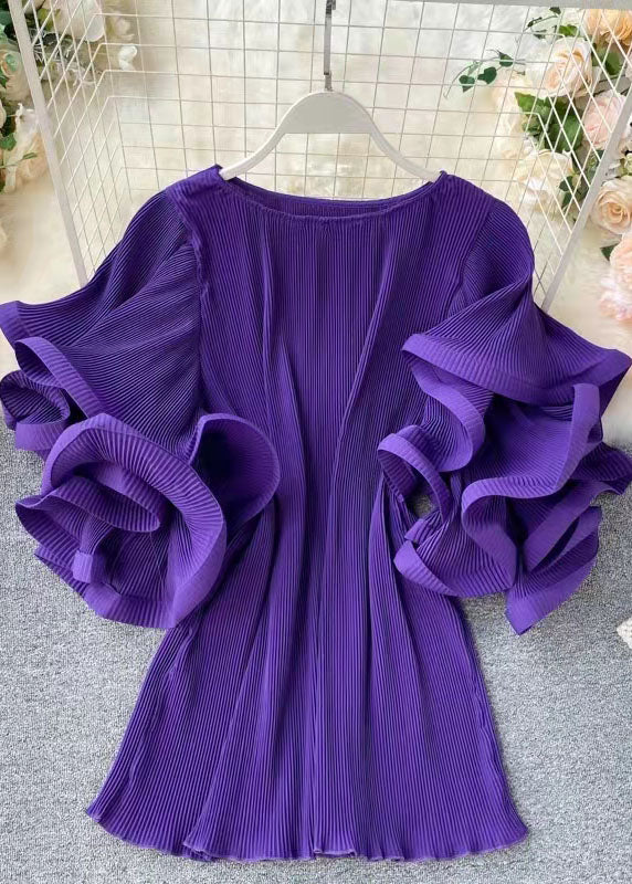Round Neck Plisse Pleated Tiered Ruffle Exaggerated Sleeve Mini Dress