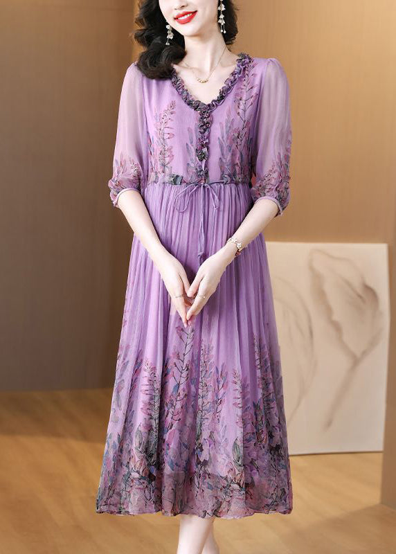 V-Neck Ruffle Trim Drawstring Waist Accordion Pleat Floral Chiffon Midi Dress 2