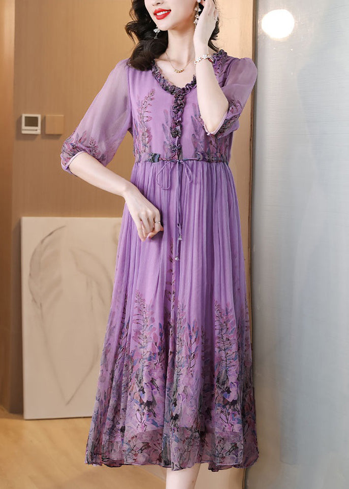 V-Neck Ruffle Trim Drawstring Waist Accordion Pleat Floral Chiffon Midi Dress 3