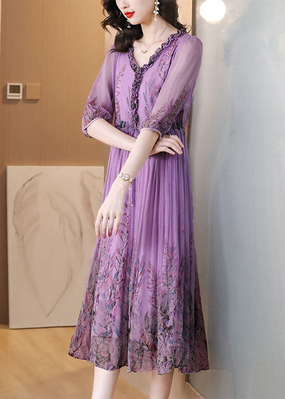V-Neck Ruffle Trim Drawstring Waist Accordion Pleat Floral Chiffon Midi Dress 4