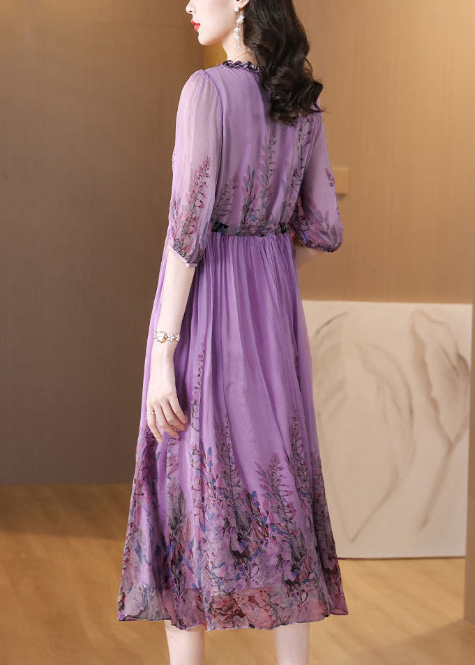 V-Neck Ruffle Trim Drawstring Waist Accordion Pleat Floral Chiffon Midi Dress 5