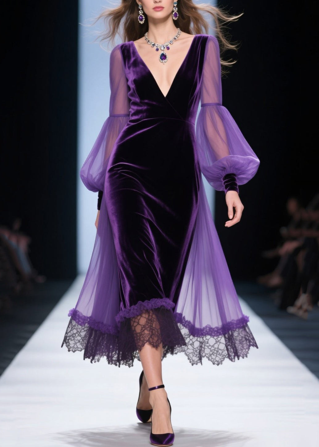 Deep V-Neck Bishop Sleeve Velvet Sheer Panel Lace Hem Dress