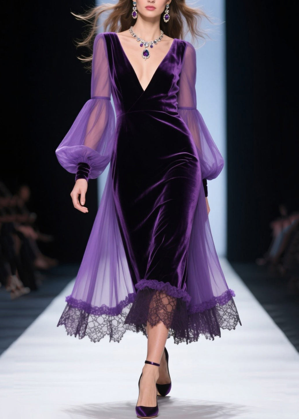 Deep V-Neck Bishop Sleeve Velvet Sheer Panel Lace Hem Dress 3