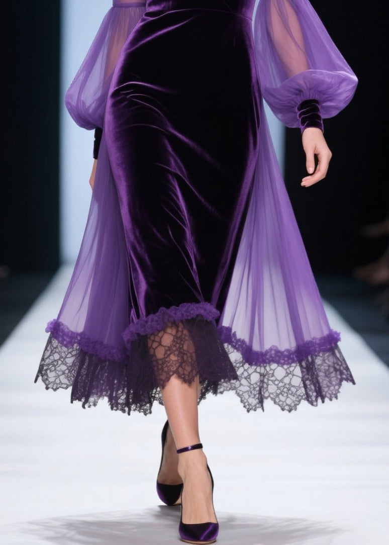 Deep V-Neck Bishop Sleeve Velvet Sheer Panel Lace Hem Dress 4