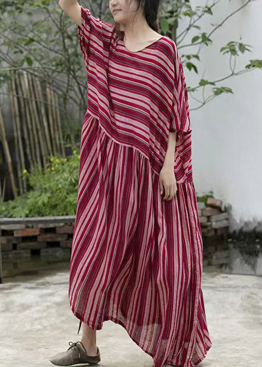 Round Neck Drop Shoulder Horizontal Stripe Gathered Skirt Maxi Dress 2