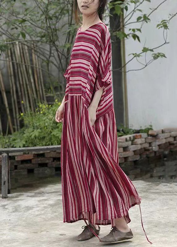 Round Neck Drop Shoulder Horizontal Stripe Gathered Skirt Maxi Dress 3