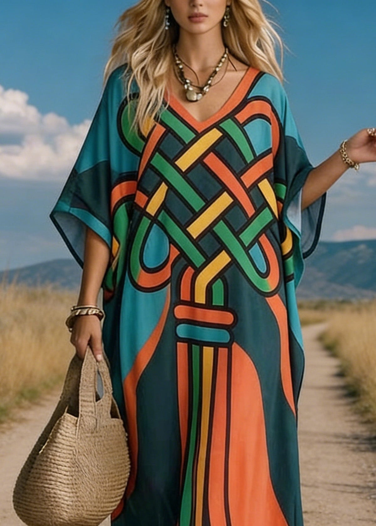 Deep V Neck Graphic Ribbon Print Kimono Sleeve Kaftan Maxi Dress 2