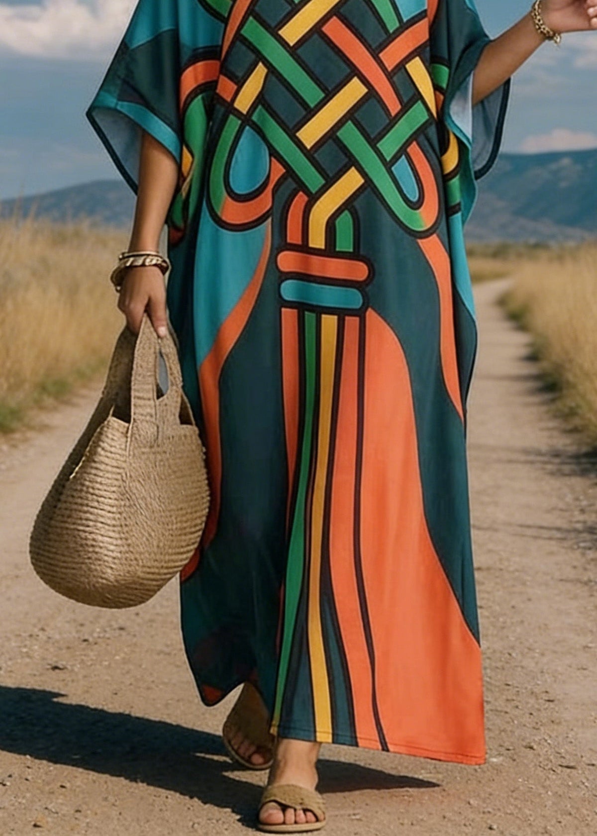 Deep V Neck Graphic Ribbon Print Kimono Sleeve Kaftan Maxi Dress 4