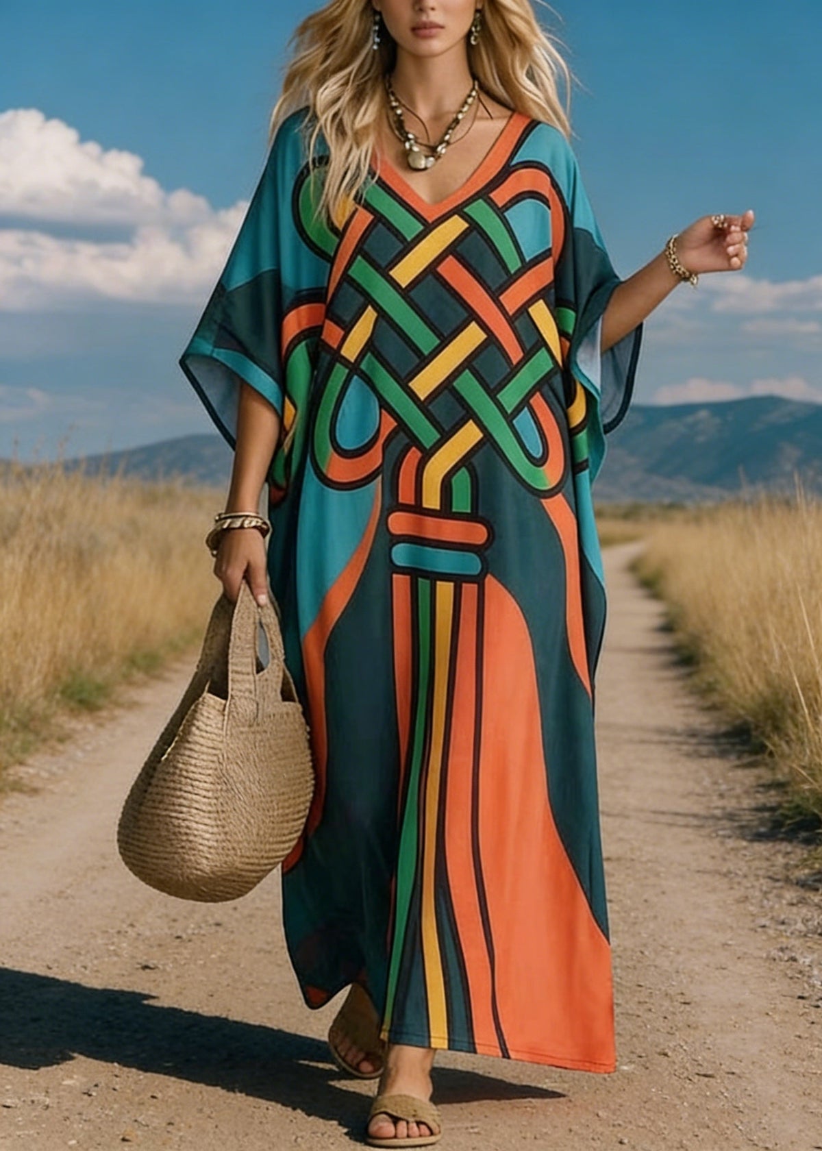 Deep V Neck Graphic Ribbon Print Kimono Sleeve Kaftan Maxi Dress 5