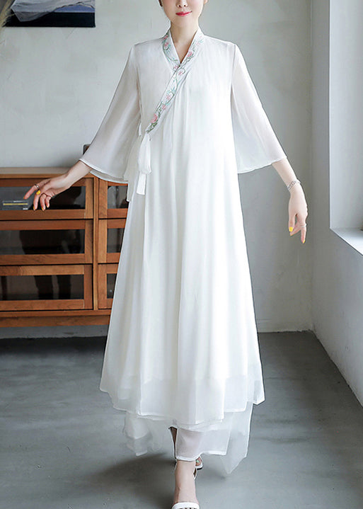V-Neck Crossover Floral Embroidered Bell Sleeve Tie Waist Layered Chiffon Maxi Gown