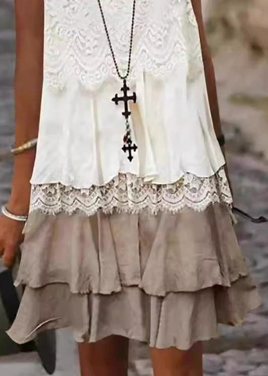 Round Neck Lace Panel Sleeveless Layered Midi Shift Dress 3