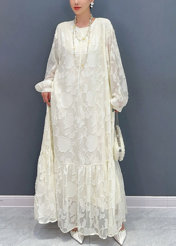Crew Neck Floral Burnout Sheer Jacquard Ruffle Hem Puff Sleeve Maxi Dress