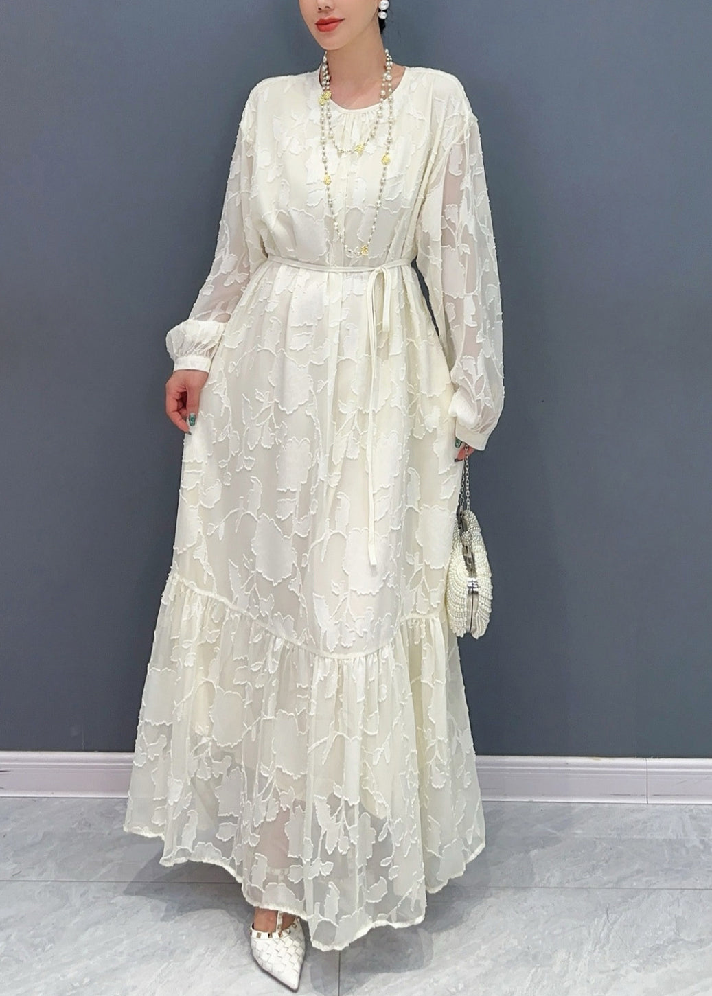 Crew Neck Floral Burnout Sheer Jacquard Ruffle Hem Puff Sleeve Maxi Dress 2