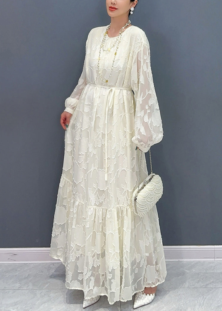 Crew Neck Floral Burnout Sheer Jacquard Ruffle Hem Puff Sleeve Maxi Dress 3