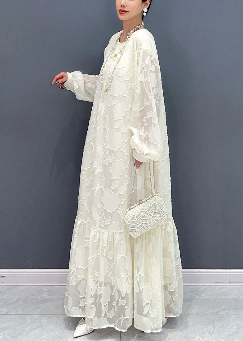 Crew Neck Floral Burnout Sheer Jacquard Ruffle Hem Puff Sleeve Maxi Dress 4