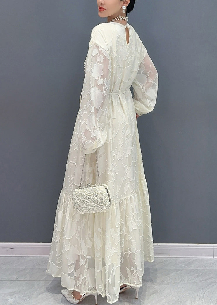 Crew Neck Floral Burnout Sheer Jacquard Ruffle Hem Puff Sleeve Maxi Dress 5