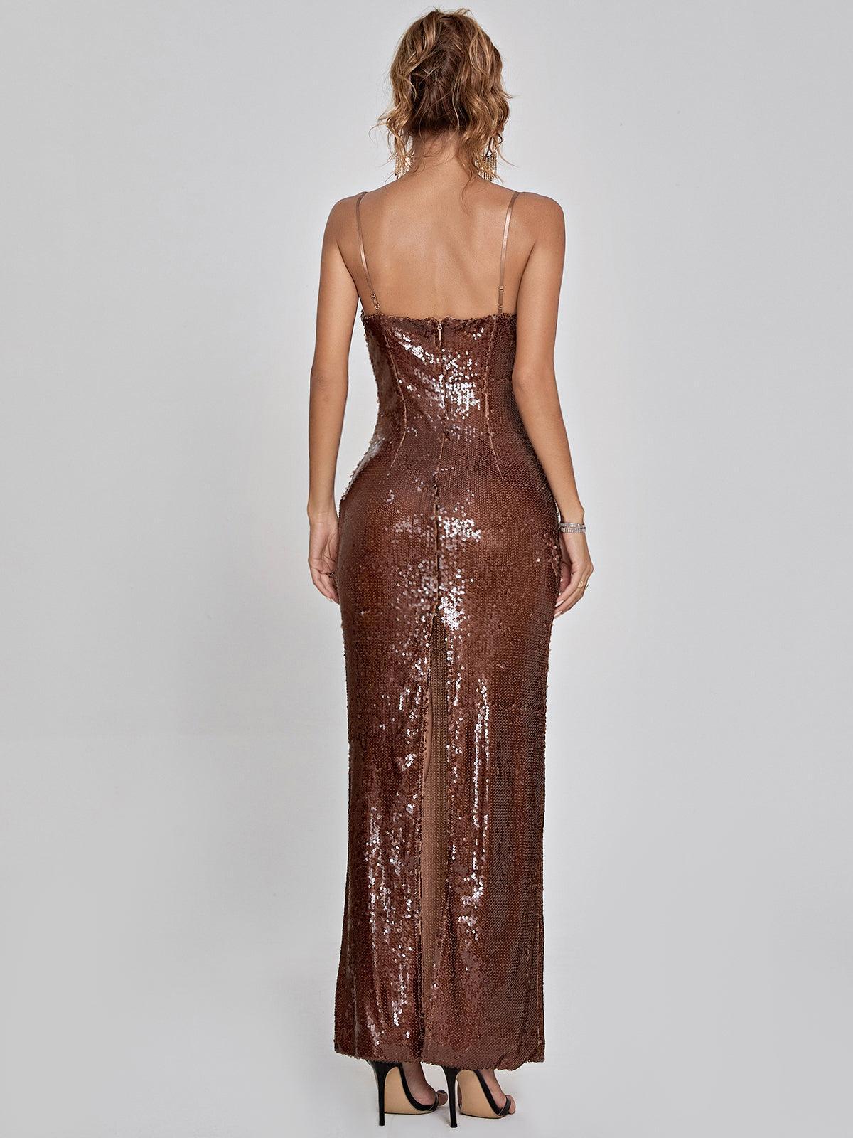 Spaghetti Strap Sweetheart 3D Rosette Sequin Column Maxi Dress 5