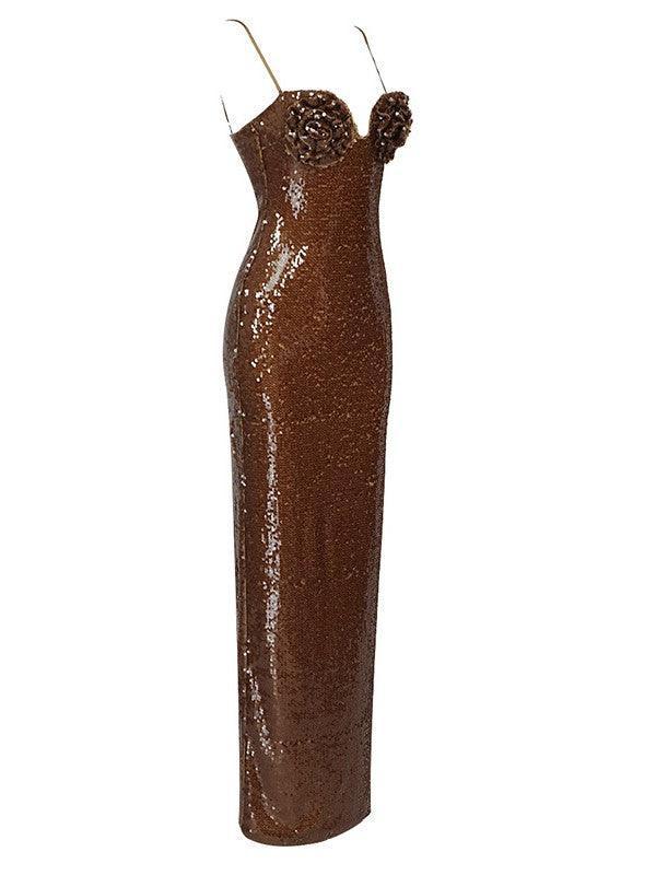 Spaghetti Strap Sweetheart 3D Rosette Sequin Column Maxi Dress 7