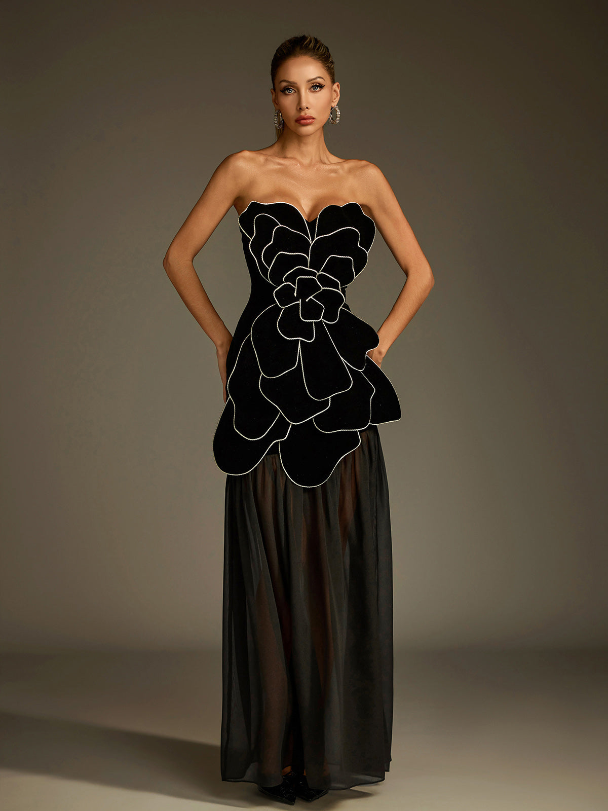 Strapless Velvet 3D Petal Piped Edge Sheer Mesh Maxi Gown