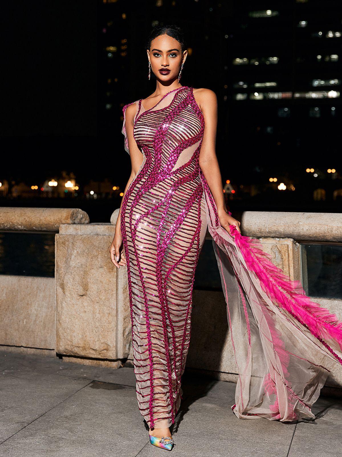 One Shoulder Sequin Wave Mesh Asymmetric Maxi Dress with Ruffle Cape