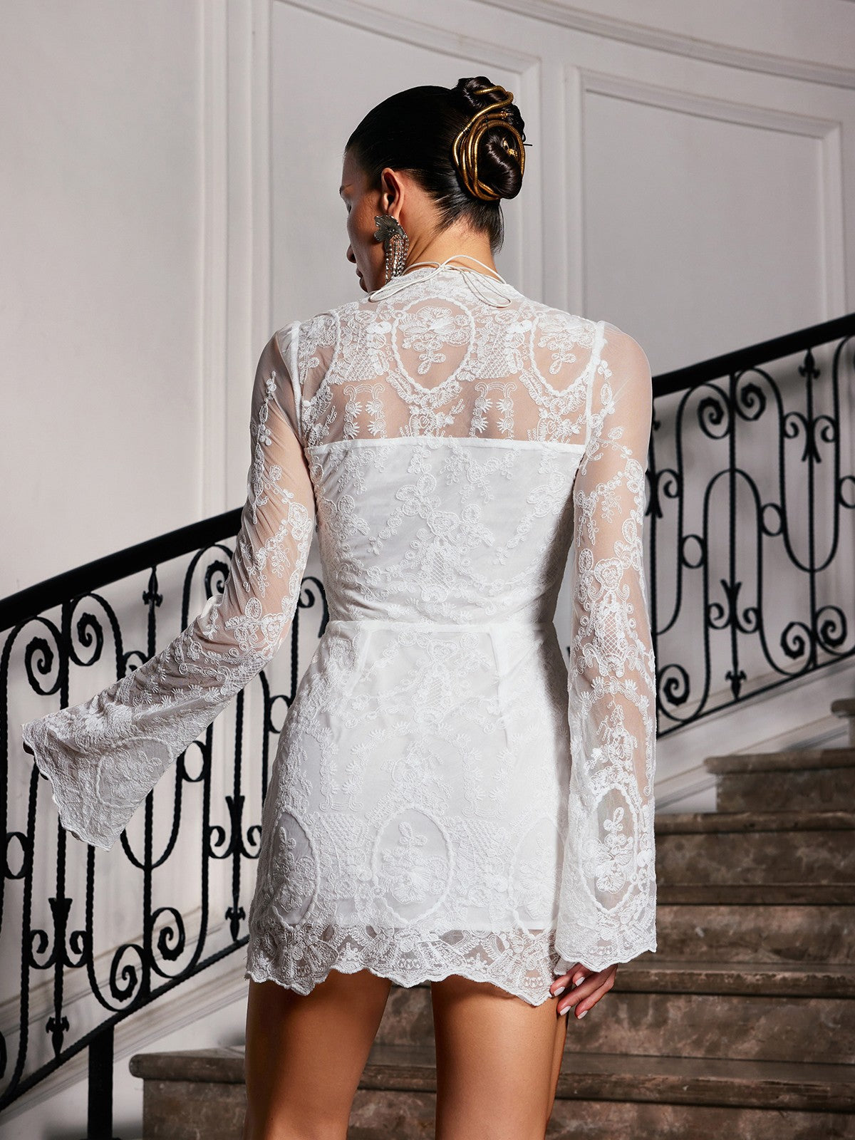 Sweetheart Bell Sleeve Floral Lace Ruffle Center Front Mini Dress 6
