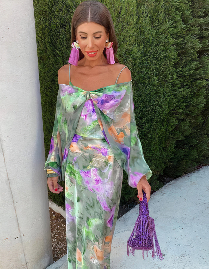 Spaghetti Strap Watercolor Floral Print Satin Slip Maxi Dress 2