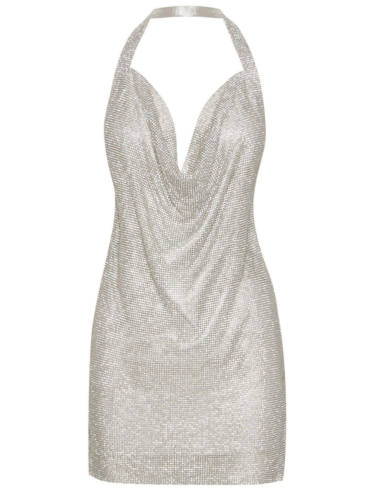 Halter Neck Cowl Rhinestone Mesh Bodycon Mini Dress 6