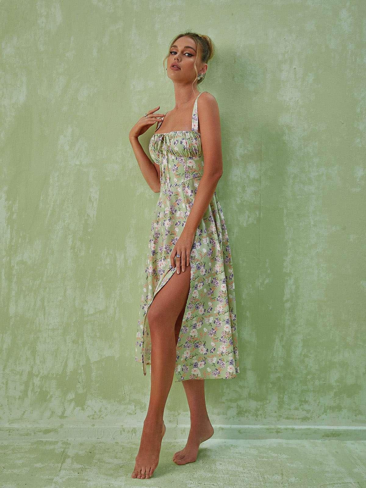 Square Neck Corset Floral Print Keyhole Slit Midi Dress 3