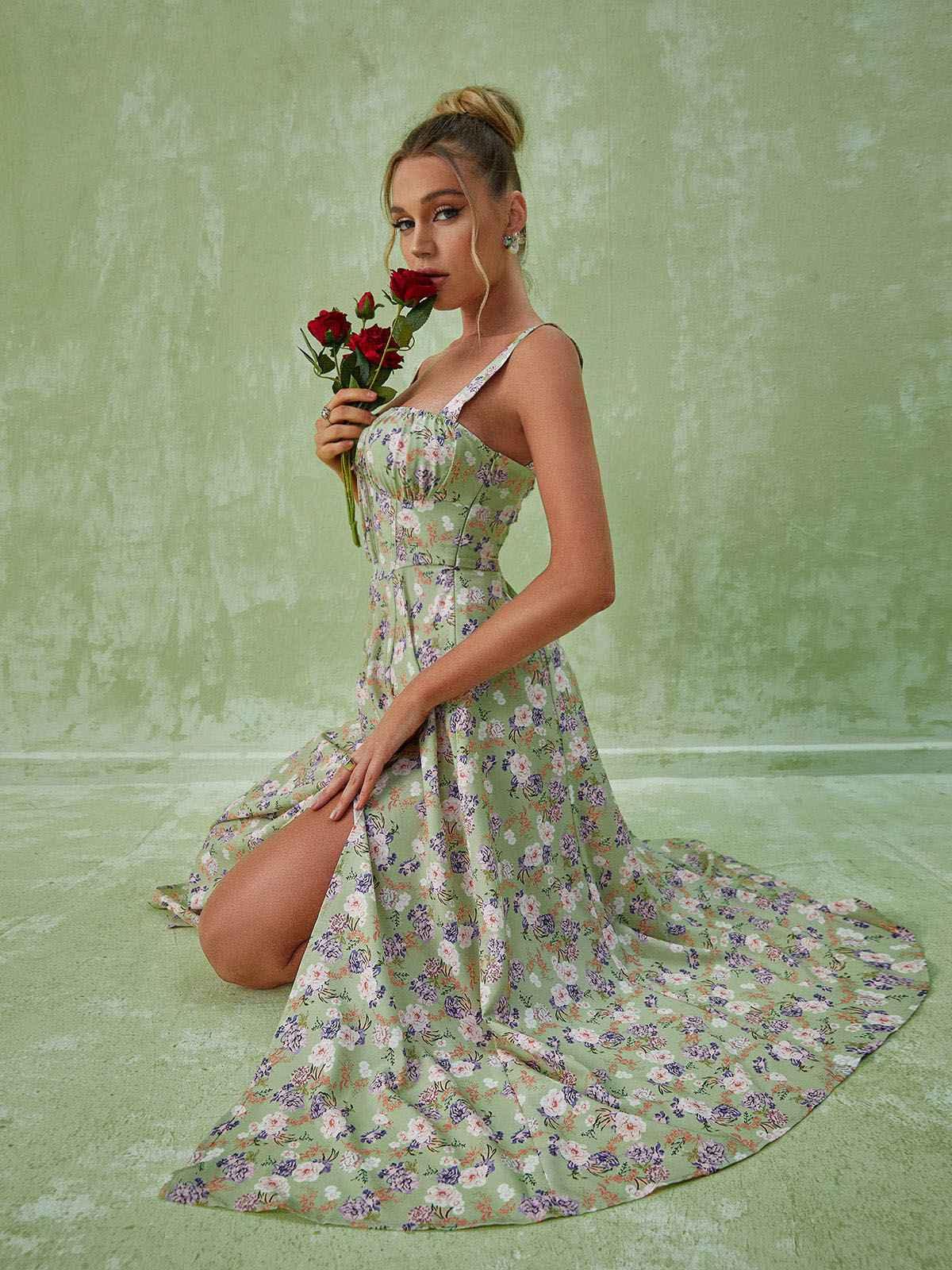 Square Neck Corset Floral Print Keyhole Slit Midi Dress 4