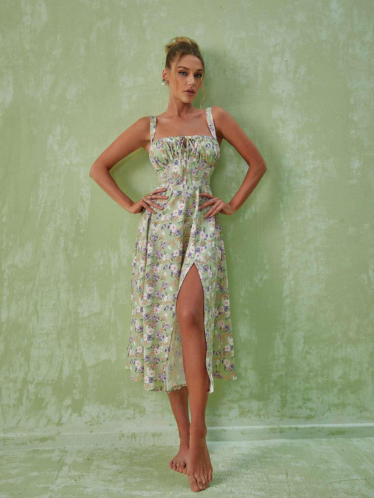 Square Neck Corset Floral Print Keyhole Slit Midi Dress 2