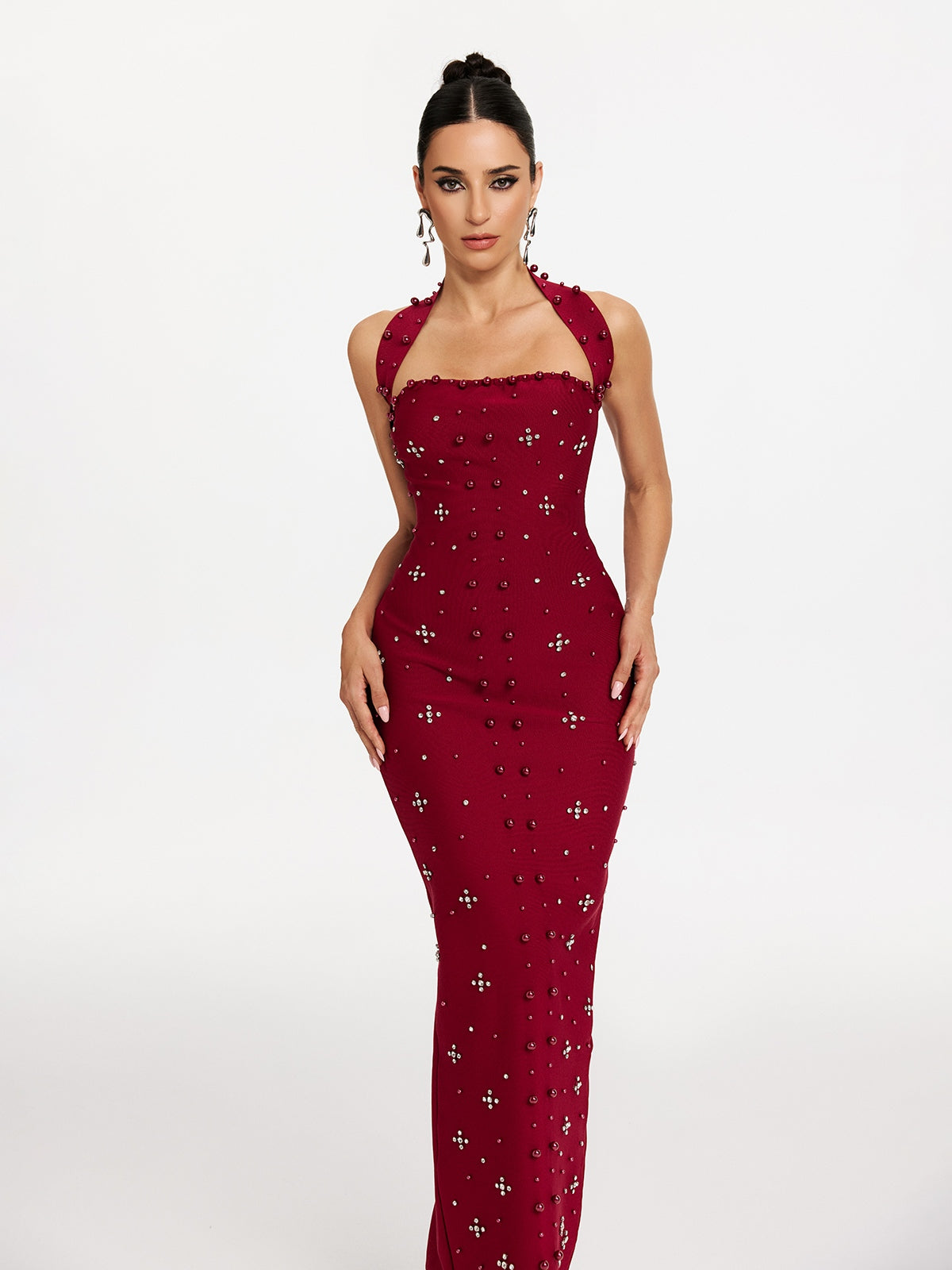 Halter Neck Pearl Stud Rhinestone Cluster Bandage Column Maxi Dress 3
