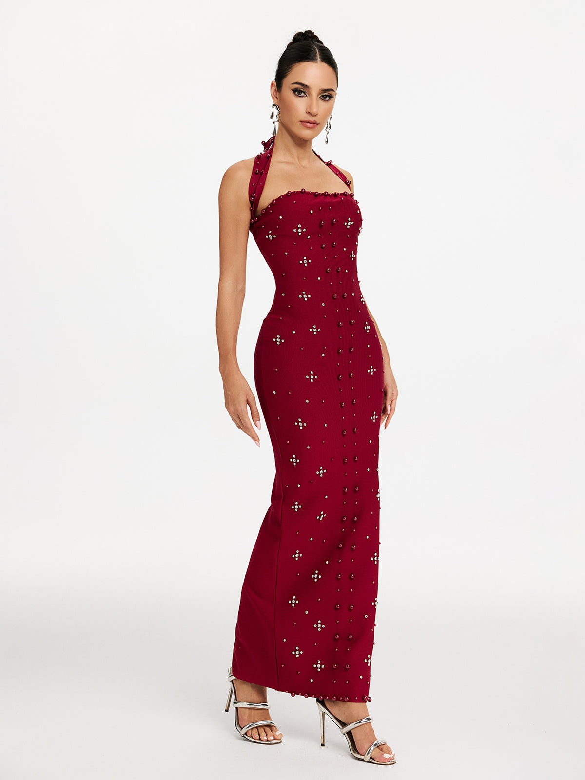 Halter Neck Pearl Stud Rhinestone Cluster Bandage Column Maxi Dress 4